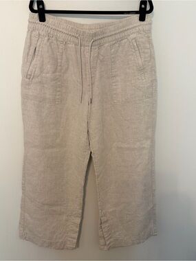 Athleta 100% Linen Wide Leg Crop Pants Oatmeal Beige Drawstring Large Petite
